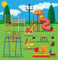 Kids playground kindergarten panorama. Urban child amusement. Slide ladder, rocking toy on spring, slide tube, swing carousel balancer, sandbox bucket rake castle scoop. Vector illustration flat style