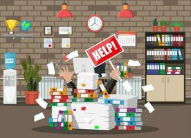 Stressed businessman under pile of office papers and documents. Office building interior. Office documents heap. Routine, bureaucracy, big data, paperwork, office. Vector illustration in flat style