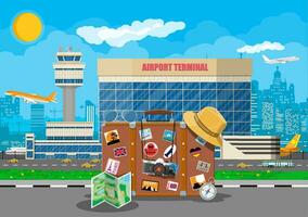 International airport concept. Travel suitcase with stickers of countrys and citys all over the world. Airport terminal with road, taxi cab, bus and aircraft. Cityscape. Vector illustration flat style