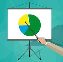 cartoon businessman hand giving presentation on flip chart with pie chart. vector illustration in flat design on green background