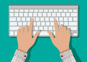 Modern aluminum computer keyboard. Hands of user. Wireless input device. Vector illustration in flat style