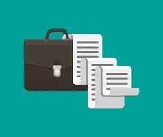 Leather business briefcase and big long document sheet. Office contracts, agreements, reports. Bag of lawyer with docs and forms. Vector illustration in flat style