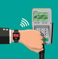 Smart watch contactless payments. Smartwatch on hand and POS terminal. Wireless, contactless or cashless payments, rfid nfc. Vector illustration in flat style