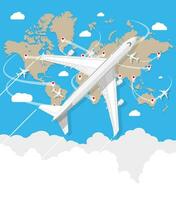 Travel concept. World map, airplane, sun in the sky with clouds on blue background. vector illustration in flat design