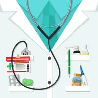 Background of white doctors suit with different pills and medical devices in pockets. vector illustration in flat style