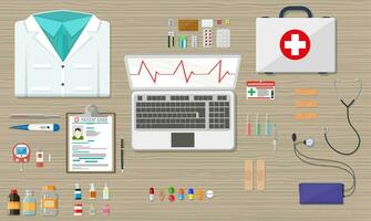 Wooden doctors desk with laptop medical and healthcare devices and pills. vector illustration in flat style