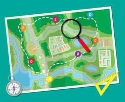 Paper map with compass, magnifying glass and ruler. Planning trip. Vector illustration in flat style