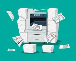 Office multifunction machine. Pile of paper documents. Bureaucracy, paperwork, office. Printer copy scanner device. Proffesional printing station. Vector illustration in flat style