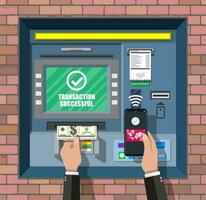 banco Cajero automático. automático cajero máquina. programa electrónico dispositivo para pagos retirarse dinero con teléfono inteligente por inalámbrico nfc tecnología. vector ilustración en plano estilo