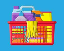 Bottle of detergent, sponge, soap and rubber gloves. Accessories for washing dishes and house cleaning. Dishwashing. Vector illustration in flat style
