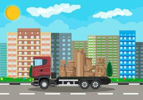 Red delivery truck transporting brown cardboard package. Pile cardboard boxes. Carton delivery packaging open and closed box with fragile signs. Cityscape. Vector illustration in flat style