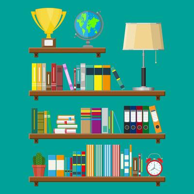 Library wooden book shelf. Globe, lamp, clocks, cactus, cup. Bookcase with different books. Vector illustration in flat style