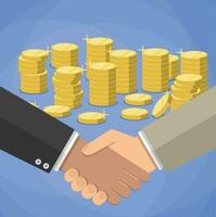 cartoon businessmen handshake at blue background with gold coins stacks. shaking hands. successful transaction. vector illustration in flat design