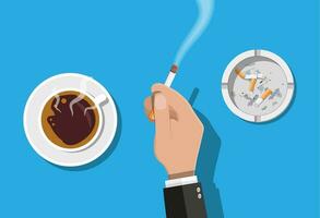 Coffee cup and ashtray full of smokes cigarettes. Hand with lit cigarette. Unhealthy lifestyle. Vector illustration in flat style