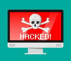 muerte cráneo y tibias cruzadas en computadora pantalla. Internet suplantación de identidad, pirateado iniciar sesión y contraseña. computadora red y Internet seguridad concepto. antivirus, software espía, programa malicioso vector ilustración plano estilo