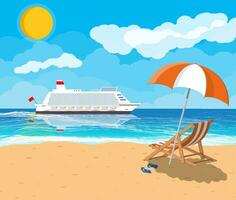 Landscape of wooden chaise lounge, umbrella, flip flops on beach. Cruise liner ship. Sun with reflection in water and clouds. Day in tropical place. Vector illustration in flat style