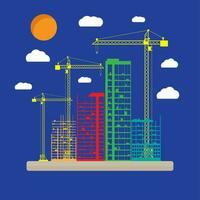 construcción sitio icono con edificios y grúas rascacielos debajo construcción. vector ilustración en azul antecedentes con nubes