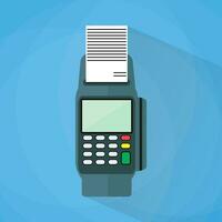 cartoon pos payment terminal. Vector Illustration in flat design on blue background with long shadow