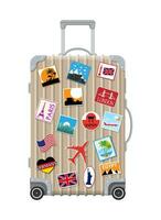 Silver travel bag. Plastic case with stickers. Trolley on wheels. Labels of countrys and citys all over the world. Baggage and luggage. Vector illustration in flat style