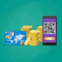 teléfono ingenio qr código solicitud, oro monedas pilas y banco tarjeta. pagos mediante bar qr código concepto. vector ilustración en plano estilo en verde antecedentes