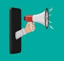 Loudspeaker or megaphone in hand inside smartphone. Announcement element. Social online marketing. Vector illustration in flat style