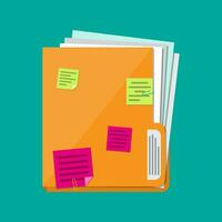 Orange documents folder with paper sheets and sticky notes. Vector illustration in flat style