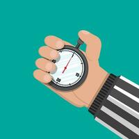 Analog chronometer timer counter in hand of referee, stopwatch. Vector illustration in flat style