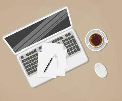 laptop and office supplies laying on the brown board. pen, papers, coffee cup, computer mouse. vector illustration in flat design