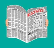 Daily newspaper in hands. News journal design. Pages with various headlines, images, quotes, text and articles. Media, journalism and press. Vector illustration in flat style.