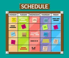 Bulletin board full of tasks on sticky note cards. Development, team work, agenda, schedule, to do list. Vector illustration in flat style