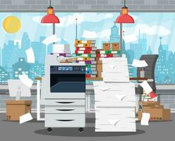 Pile of office papers, printer and documents. Office building interior. Office documents heap. Routine, bureaucracy, big data, paperwork, office. Vector illustration in flat style