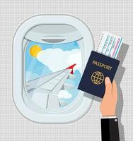 Window from inside the airplane. Hand with passport and ticket. Aircraft porthole shutter and wing. Air journey or vacation concept. Vector illustration in flat style