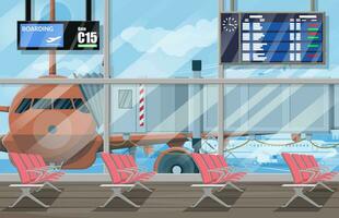 Waiting hall, departure lounge in passanger terminal of airport. Plane before takeoff. Airport control tower, terminal building. Cityscape. Sky with clouds and sun. Vector illustration in flat style