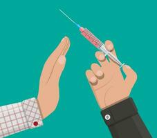 Hand of the drug dealer gives syringe with drug to other hand. Anti-drug concept. Rejection. Vector illustration in flat style