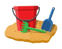 Plastic bucket with rake and shovel isolated on white. Bucket, rake and scoop toys for children sandbox and playground. Vector illustration in flat style