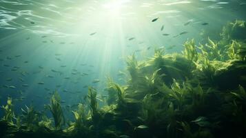 AI generated Undersea world. Algae and fish rays of the sun through the water. Diving wallpaper or banner. Place for text. Copy space. Horizontal format. AI Generated photo