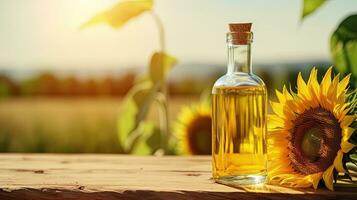 AI generated Bottle with Sunflower oil on a wooden table. Nearby there is a sunflower flower. Background blurred field. Copy space. Place for text. AI Generated photo