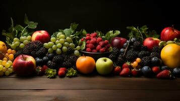 AI generated Fruits and berries lie on a wooden table. Copy space. Place for text. Dark background. AI Generated photo
