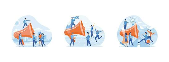 Big megaphone with a small people, teamwork, promoter speaks people, Promoter speaks in big megaphone and attracts buyers of investors and businessmen. vector