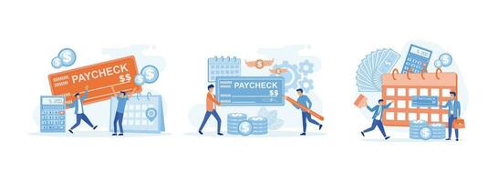 Paycheck cash. Man with Ink Pen for Signing. People Get Cash Salary Payment with Company Bank Check, Payroll. Happy male worker getting salary, Payroll. Paycheck set flat vector modern illustration