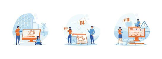 people update operation system, updating operation in computing and installation programs, Showing people update operating system. System Update 2 set flat vector modern illustration