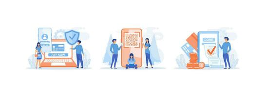 Online payment and wallet. People scanning qr code using mobile smart phone for online shopping and payment.  Money transfer, Mobile Wallet. Online payment 2 set flat vector modern illustration