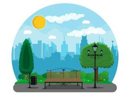 City park concept, wooden bench, street lamp, waste bin in square. Cityscape with buildings and trees. Sky with clouds and sun. Leisure time in summer city park. Vector illustration in flat style