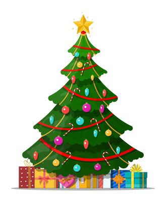 Christmas tree decorated with colorful balls, garland lights, golden star. Lots of gift boxes. Spruce, evergreen tree. Greeting card, festive poster. New year. Vector illustration in flat style