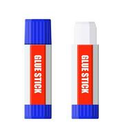 Plastic tubes of glue stick, with open lid and closed. Container with adhesive. Tools for education and work. Stationery and office supply. Vector illustration in flat style