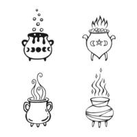 Set of boiling magic cauldron. Hand drawn vector illustration isolated on white background.