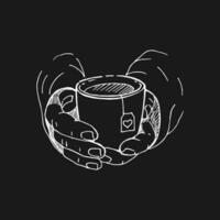 Realistic drawing of beautiful hands holding a mug with a hot beverage. vector