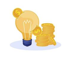 Light bulb and coins. Concept of idea of earning or saving money. Vector illustration.