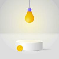 Podium with a gold coin illuminated by a light bulb. The concept of a new idea in a product. Vector illustration.