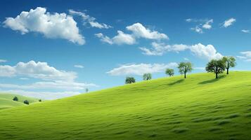AI generated reality photo of beautiful green fields and blue sky, a very stunning view